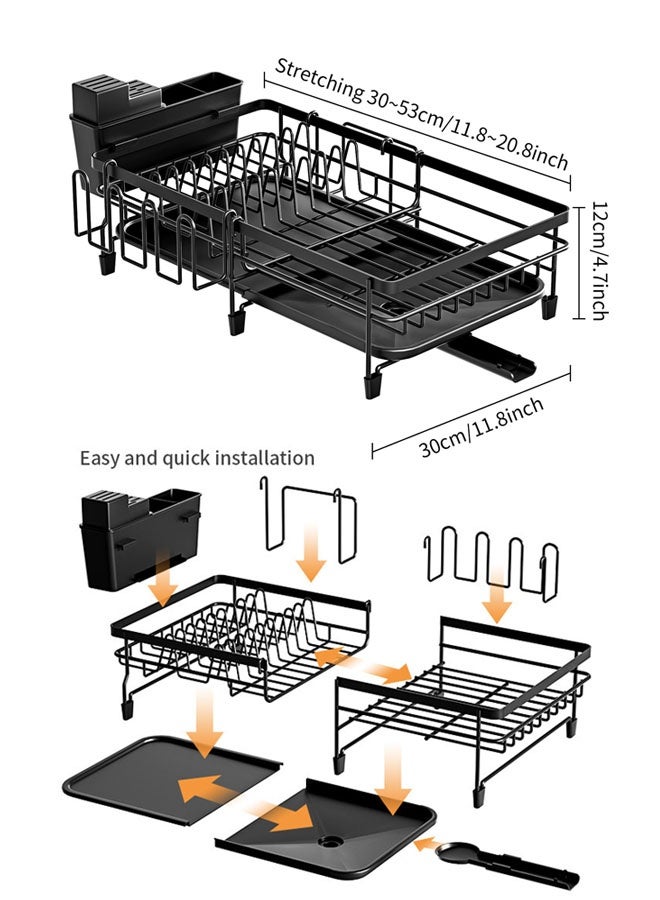 Dish Drying Rack for Kitchen, Dish Drying Rack, Dish Rack Dish Drying Stand,Large Extendable Dish Rack, Multifunctional Adjustable Dish Dryer Drainer,Stainless Steel Dish Strainer with Utensil Holder, Black - Image 2